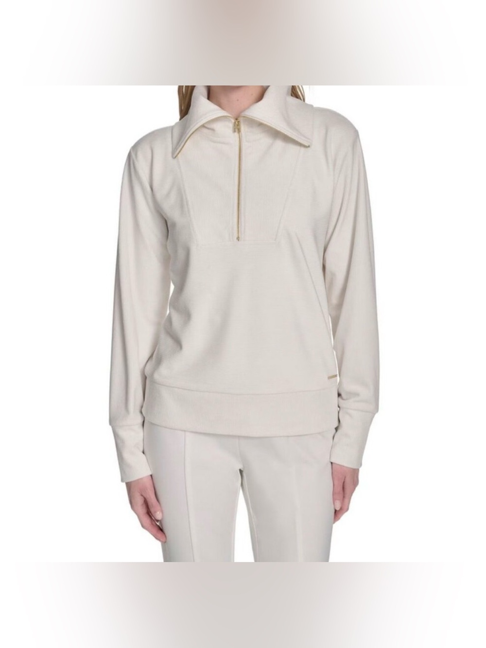 Halston Super Soft Velour Cowl Neck Pullover Sweatshirt in white w/Gold size L